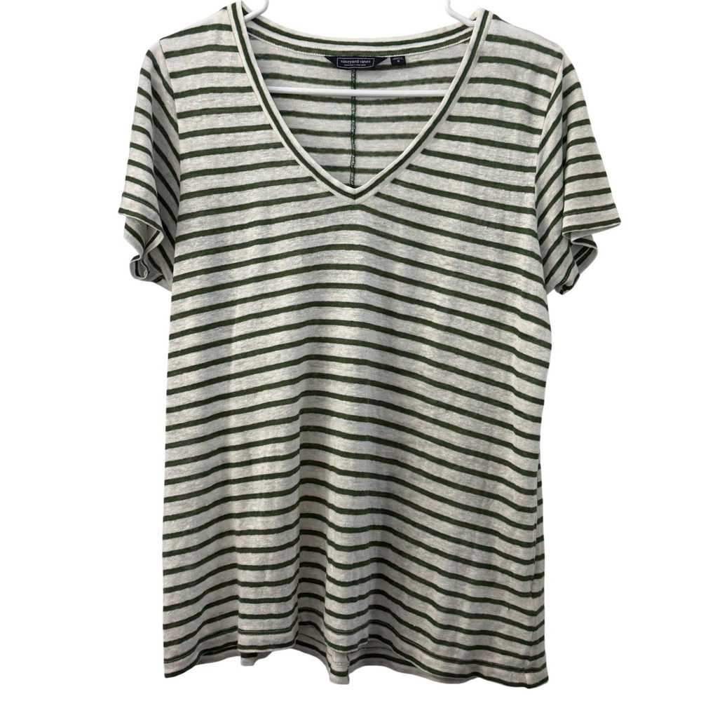 Vineyard Vines 100% Linen V-Neck Striped‎ Short Sleeve T-Shirt Green White S